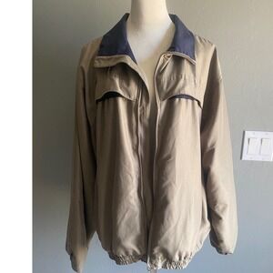 Boca Classics Mens Tan Khaki Windbreaker Jacket Navy Collar Mesh Lined Size L